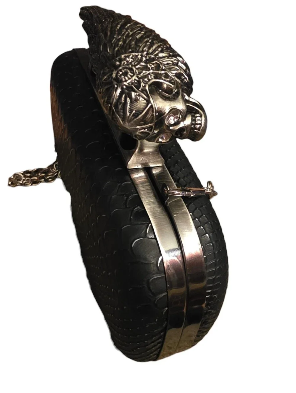 Winged Skull Knuckle Duster Faux Leather Snake Clutch Purse NWOT
